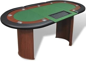vidaXL 10-Player Poker Table with Removable Chip Tray and Cup Holders – Green Tabletop, Foam-padded Armrest, MDF Legs, Easy Assembly
