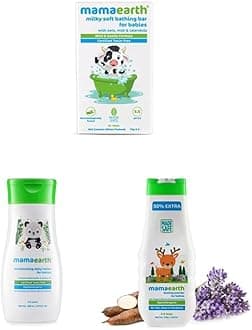 Mamaearth Milky Soft Bathing Bar For Babies With Oats, Milk & Calendula 75G X 2 & Daily Moisturizing Lotion For Babies (200 Ml) & Dusting Powder With Organic Oatmeal & Arrowroot Powder 150G