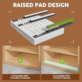 2 Pack Expandable Pull Out Cabinet Organizer 21"Deep With Raising Pad for Framed Cabinets,Upgrade 3 Slide Rails Slide Out Drawers,Roll Out Shelves Adhesive,Adjustable Width 15.15"-26.3" White