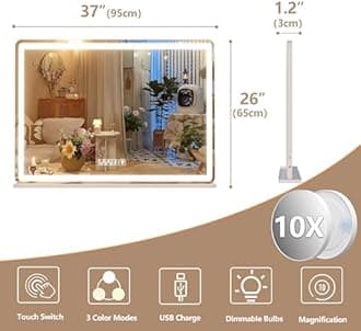Hasipu Vanity Mirror with Lights and Bluetooth Speaker, 37.4" x 25.6" LED Makeup Mirror, Lighted Makeup Mirror with Dimmable 3 Modes, Touch Screen Control Vanity Mirror Round White