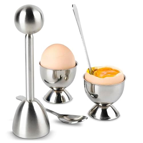 Egg Cracker Topper Set – 2 Pcs Egg Cups for Soft Boiled Eggs & 2 Pcs Spoons, Rust-Resistant Stainless Steel, Fits Most Sizes – Ergonomic Design with Adjustable Effort for Precise Cracking Results
