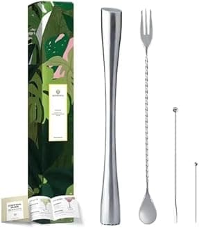 Homestia 4PCS Muddler Set, 10 Inch 304 Stainless Steel Integrated Cocktail Muddler for Mojito and Fruit Drinks, Home Bar Tool Set of Bar Spoon Swizzle Stick Cocktail Pick Silver