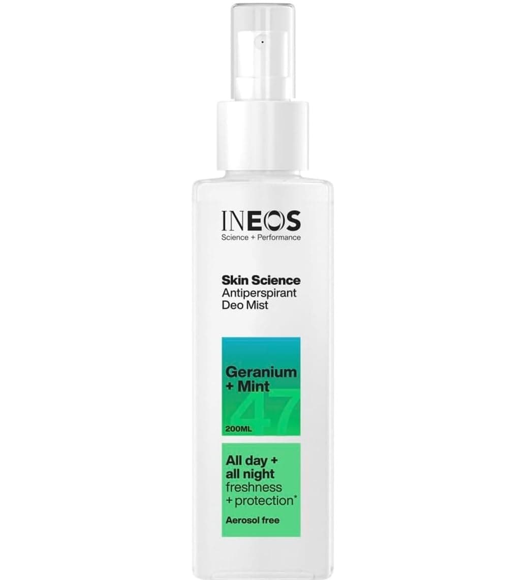 INEOS Skin Science, All Day + Night 24H Protection Antiperspirant Deodorant Mist Spray Geranium + Mint, Aerosol Free + Lasts 10X Longer Than Ordinary Antiperspirant, 200ml, Packaging May Vary