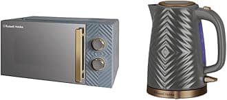 Russell Hobbs 17 Litre 700W Grey Solo Manual Microwave With Groove Design, 5 Power Levels & 26382 Groove Electric Kettle, Textured Fast Boil Energy Efficient Cordless Kettle with Perfect Pour