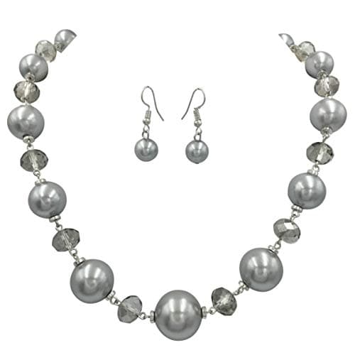 Single Row Simple Beaded Statement Multi Color Necklace & Dangle Earrings Set (Simulated Grey Pearl)