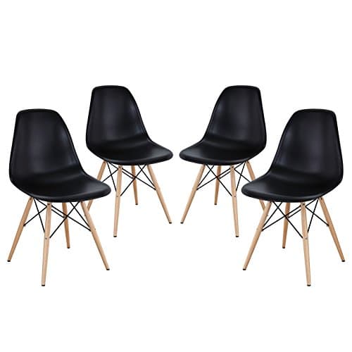 TAKE A SEAT - Eames Style Modern Dining Armless Side Chairs (Set of 4) | Molded Black Plastic With Wood & Black Accents Iconic - Nordic Styling - DOUBLE BOX TO PREVENT SHIPPING DAMAGE