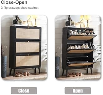 Rattan Shoe Cabinet with 3 Flip Drawers, 48 Pairs Narrow Shoe Storage Cabinet for Entryway Freestanding Hidden Shoe Rack, Modern Slim Wood Shoe Organizer for Hallway, Black