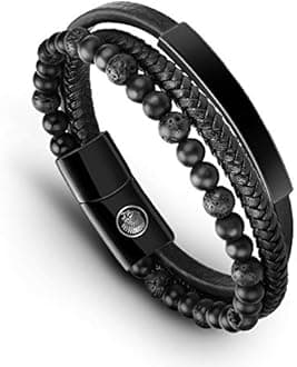 Casisto.J Mens Leather Bracelet – Classic Handmade Braided Black & Brown Cuff Bracelet with Engraved Magnetic Clasp Free Jewelry Gift Boxed