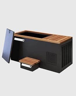 The UK Ice Bath Company/Electric Ice Bath/Stainless Steel/Ice Bath Thermometer with Chiller Inside/Ice Bath Tub / 2 °C −42 °C/Cold Therapy/Ice Bath Outdoor (Black Base: Wooden Top)