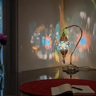 DEMMEX Turkish Moroccan Mosaic Table Lamp–Handcrafted Tiffany-Style Colorful Glass Swan Neck Bedside, Desk Light, Boho Artisan Accent Lighting for Bedroom, Living Room–38cm H, Blue&Multi
