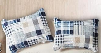 Brilliant Sunshine Blue Plaids and Stripes Patchwork Pillowshams Set, Quilted Standard Pillowcases, 20x26 with 2" Flange, Scalloped Edge Pillow Covers, Pack of 2, Blue