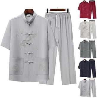 Cambkatl Men's Dragon Embroidered Tang Suit Chinese Traditional Mandarin Collar Kung Fu Shirts Short Sleeve Tai Chi Outfits