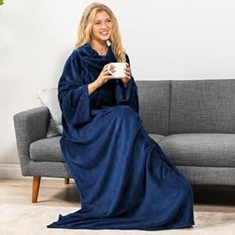 Premium Fleece Blanket with Sleeves by Pavilia Warm, Cozy, Extra Soft, Functional, Lightweight (Navy, Kangaroo Pocket)