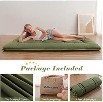 Japanese Floor Mattress, Futon Mattress with Portable Storage Bag and Washable Cover, Roll Up Thick Tatami Mat Suitable for Camping, Guest Room, Green, Full
