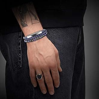 Casisto.J Mens Leather Bracelet – Classic Handmade Braided Black & Brown Cuff Bracelet with Engraved Magnetic Clasp Free Jewelry Gift Boxed