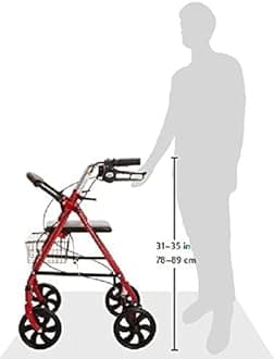 Drive Medical 10257RD-1 4 Wheel Rollator Walker With Seat, Steel Rolling Walker, Height Adjustable, 7.5" Wheels, Removable Back Support, 300 Pound Weight Capacity, Red
