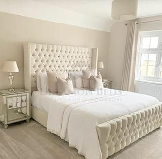 Wingback Bed Frame Double King Size Super King (Cream Plush, 5ft King Size With Mattress)