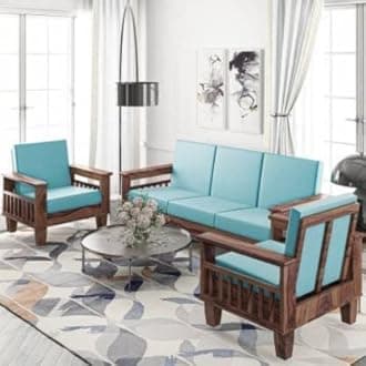 Solid Sheesham Wooden 5 Seater Sofa Set For Living Room|5 Seater Sofa|Sofa Set|Fabric 3+1+1 With Honey Finish For Living Room|Honey Finish, Brown