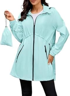 PITINAN Rain Jackets For Women Lightweight Windbreaker Jacket Womens Hooded Packable Raincoat Waterproof Light Rain Jacket Women With Zipper Pockets For Travel Light Blue L
