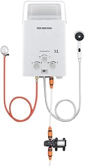 Warmiehomy 5L Portable Gas Water Heater Outdoor Shower Tankless Water Heater with Water Pump 12V Propane Instant Water Heater for Outdoor Camping Shower RV Trip Horse Washing