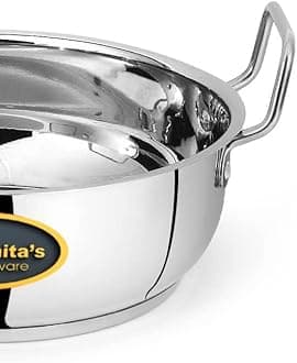 Kanshita's Rasoiware Heavy Gauge Stainless Steel Induction Bottom/Gas Stove-Friendly Kadai with Lid - 5 litres, Silver