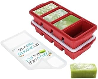 Silicone Freezer Tray With Lid - Soup Freezer Container molds - Large Ice Cube Tray- makes 8 perfect 1 cup portions cubes, 2-Pack Freezer Storage Food Soups & Meal Prep - Oven & Dishwasher -Safe