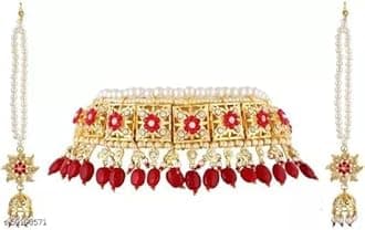 Bridal Hyderabadi Red/Green Ruby Satlada Long Princess Necklace with Jhumka Earrings in Cultured Pearls and Simulated Ruby Emerald beads for Womens & Girls