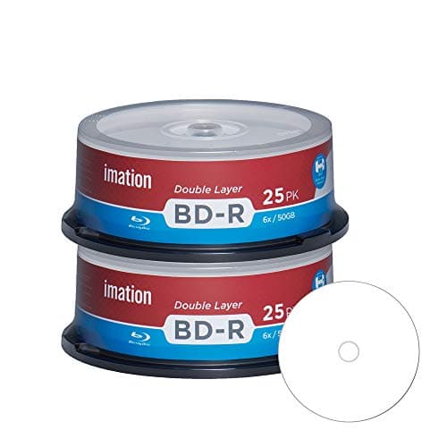 50 Pack Imation Blu-ray BD-R DL Dual Layer 6X 50GB White Inkjet Hub Printable Recordable Blank Media Disc with Spindle Packing