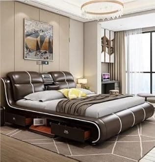 Smart Bed King Size Provided with Projector Massage Bluetooth Speaker Storage Drawers Safe Air Purifier Clock Display Bedroom Essential King Size Bed Luxurious Modern Smart Bed. (Brown)