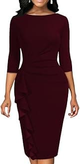 Church Dresses for Women 3/4 Sleeve Bodycon Ruffle Vintage Wear to Work Pencil Midi Dress