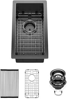 Sarlai 10 Black Bar Sink Undermount - 10x18 Inch Gunmetal Black Stainless 16 Guage Kitchen Bar Prep RV Sinks Deep Single Bowl One Basin