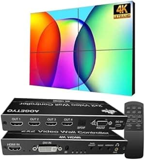 Video Wall Controller, HDMI & DVI 4K Input for 4 TV Screens, 180° Rotate, Audio, IR Remote, RS232+Button Control, 2x2 4K 1x2, 1x3, 1x4, 2x1, 3x1, 4x1