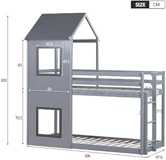 BTM Bunk Bed for Kids, 3FT-90 * 190cm Bunk beds, 2 Sleeper Treehouse Wooden Bunk Beds, Cabin Bed Frame, Mid-Sleeper with Treehouse Canopy & Ladder