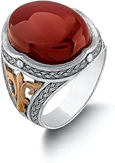 Yemen Agate (Aqeeq) Stone Carving Ottoman Style Sterling Silver Men's Ring