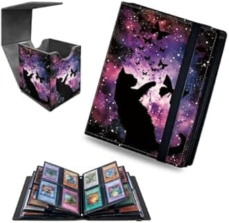Starry Night Cat 4 Pocket Trading Cards Album + MTG Commander Deck Box, Trading Card Binder Holder with 320 Card Protector, Expandable PU Card Book Collectable Board Game Magic Card Binder