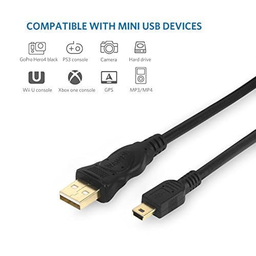 Mini USB Cable USB 2.0 Type A to Mini B Cable Male Cord for GoPro Hero 3+, Hero HD, PS3 Controller, Cell Phones, MP3 Players, Dash Cam, Digital Camera, SatNav, GPS Receiver, PDAs etc (25ft)