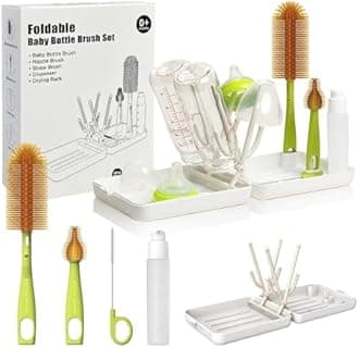 Baby Travel Essential Bottle Cleaner Kit with Silicone Bottle Brush，Built-in Drying Rack，Silicone Nipple-Shaped Brush，Straw Brush，Bottle Soap Dispenser，Bottle Warmer Bowl. (White)