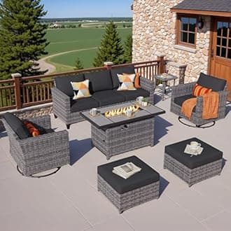 ovios 7 Pieces Patio Furniture Set with Rectangular Fire Pit Table, Swivel Rocking Chairs, Outdoor High Back Wicker Rattan Conversation Set for Deck Porch, Black