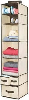 mDesign Fabric Hanging Closet Organizer - Rod Cube Hanger Storage - 7 Shelves/3 Drawers for Bedroom Wardrobe Organization - Shelf for Clothes, Sweater, Towel - Lido Collection - Cream/Espresso Brown