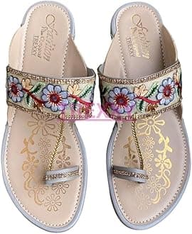 Kolhapuri Embroidered Chappal for Women | Flat Fashion Sandals | Ethnic Slippers for Girls | Ethnic Flat Sandals | Toe-Ring Festive Slippers | Slip On Ethnic Flats Chappal