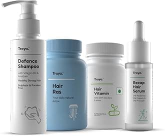 Traya Hair Growth Kit | Contains Hair Ras + Hair Vitamins + Recap Serum + Defence Shampoo with Biotin, Vitamin B3, Bhringraj, Ashwagandha, Redensyl, & Procapil | Strong and Healthy