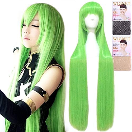 CaseEden (Case Eden) Code Geass C.C. Shitsu east Project Kochiya Sanae AMNESIA Ukyo Cosplay Wig Straight Long 100cm bangs pre-cut heat Light Green & White Mel Choi wig net two sets (black and skin color)