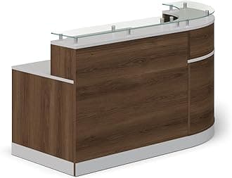NBF L Shaped Modern Reception Desk with Counter - 79" W x 63" D Retail Checkout Counter - Curved Front Desk Reception Station - Countertop Welcome Station for Office Lobby Salon Store (Walnut)
