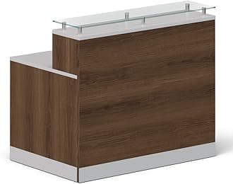NBF Small Modern Reception Desk with Counter - 48" W x 32" D Retail Checkout Station - Front Reception Counter with 2 Grommet Holes - Countertop Lobby Desk for Office Salon Store, Walnut