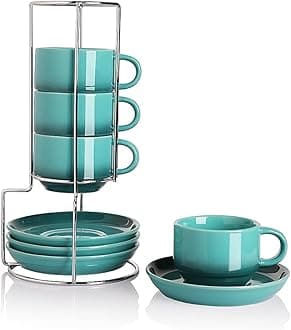 Sweejar Porcelain Espresso Cups with Saucers, 4 Ounce Stackable Cappuccino Cups with Metal Stand for Coffee Drinks, Latte, Tea - Set of 4 (Gradient Blue)