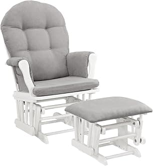 Angel Line Windsor Glider and Ottoman, Polyester, Wood, Metal, White with Gray Cushion