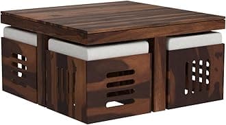 Genuine Decor Solid Rosewood Wood Coffee Table Living Room with 4 Stools New CNC Design Center Table | Hotel | Lounge | (GD02)