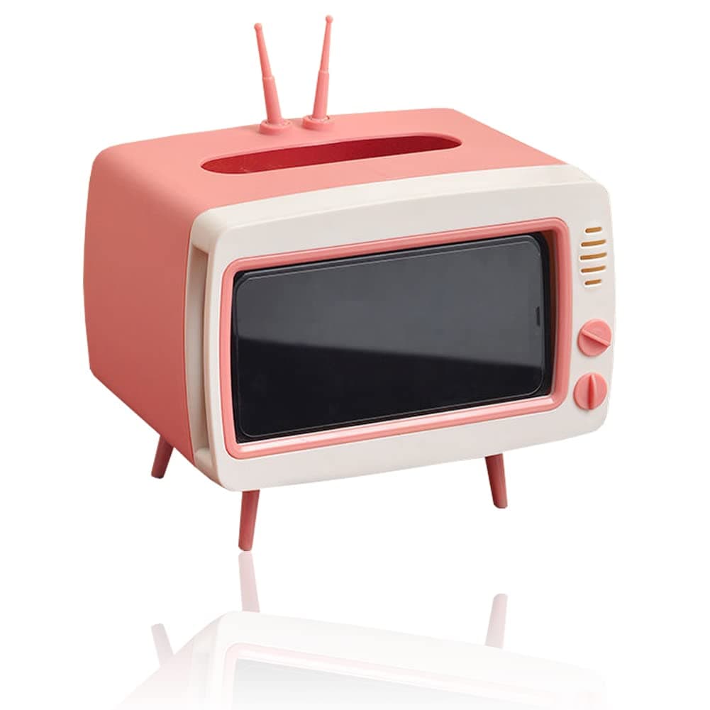 Fun Cute TV Tissue Box Holder,Multi Functional Square Tissue Box Cell Phone Holder for All Smartphone Toilet Paper Napkin Box Desktop Decoration for Room Bathroom Kitchen Dining (Pink)
