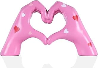 Pink hand heart decoration, heart hand statue, love finger sculpture wedding decoration, suitable for bookshelf coffee table office bedroom TV cabinet bookshelf small ornaments home decoration.