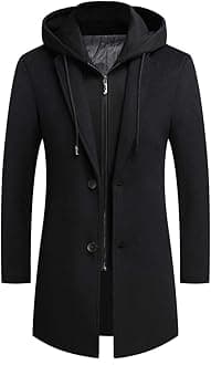 PRIJOUHE Men's Wool Coat Hoodie Long Trench Coat Cotton Casual Woollen Overcoat Jacket